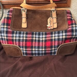 Plaid Tote Bag with Brown Leather Accents